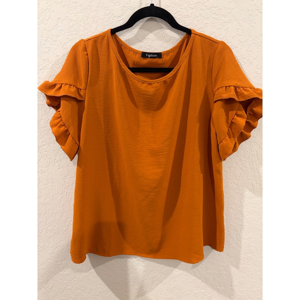 Fashion Burnt Orange Ruffle Short Sleeve Blouse Scoop Neck Rust Top Large